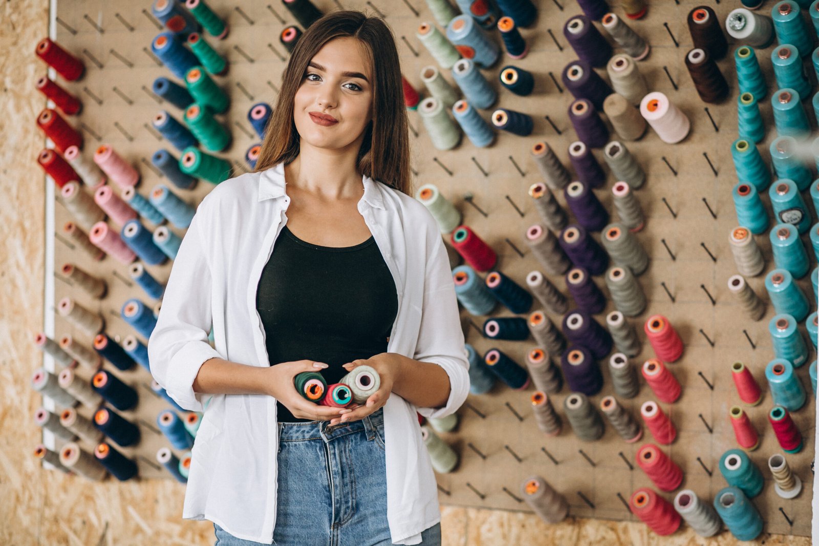 woman tailor choosing threads at a factory